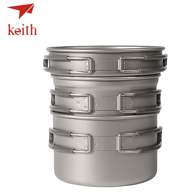 Keith titanio set viaje al aire libre Vajilla camping senderismo Utensilios picnic Utensilios de Cocina 3 unids caldero y medio olla y sartén pan