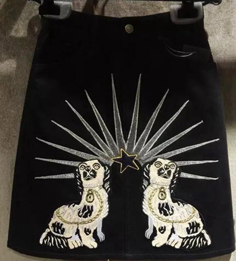 

Summer Vintage Black Dog Embroidery Short Skirt Jeans Women Designer High Waist Sequin Party Denim Mini Skirt A Line Vestidos