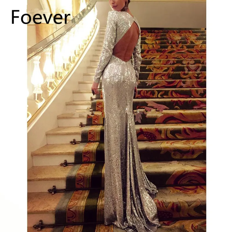 Women Elegant Silver Sequin Gown Formal ...