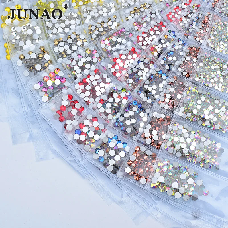 

JUNAO SS6 8 10 12 16 20 Mix Size Clear AB Glass Nail Rhinestones Set Round Nail Decoration Stones Flatback DIY Strass Sticker
