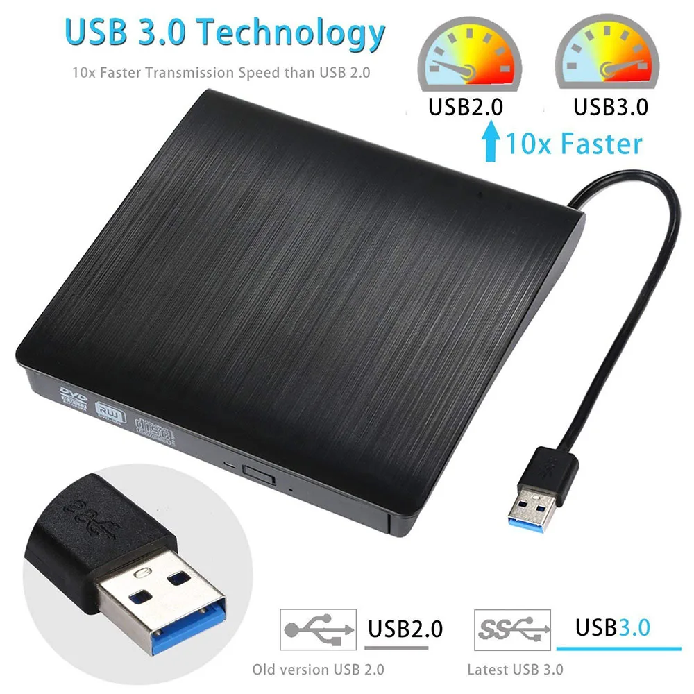 USB 3.0 External DVD Drive Ultra-Slim CD/DVD-RW DVD/CD Rom Rewriter Burner Writer High Speed Data Transfer for Laptop Desktops
