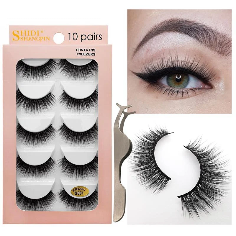 Slender Fake Eye Lashes Mink Hair Eye Lashes 10 Pairs Natural Curling False Eyelashes Tweezers set