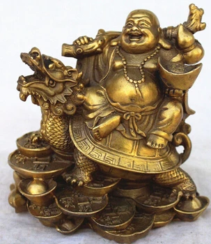 

free Chinese Copper Wealth Money Happy Laugh Maitreya Buddha On Dragon Turtle Statue