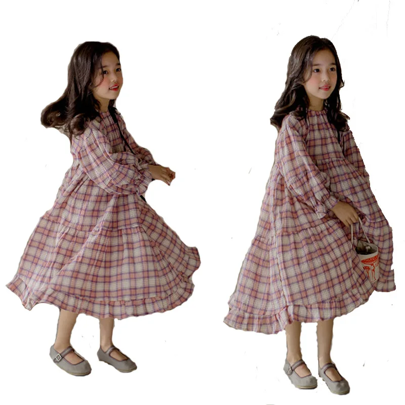 

New 2018 Girls Autumn Dress Loose Plaid Cotton Baby Princess Dress Children Pleated Dress Fold Retro Bow Toddler Clothes,#3485