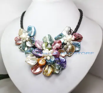 

Free Shipping >>>>>pretty mix color mother of pearl shell weave flower necklace 18" fashion jewelry