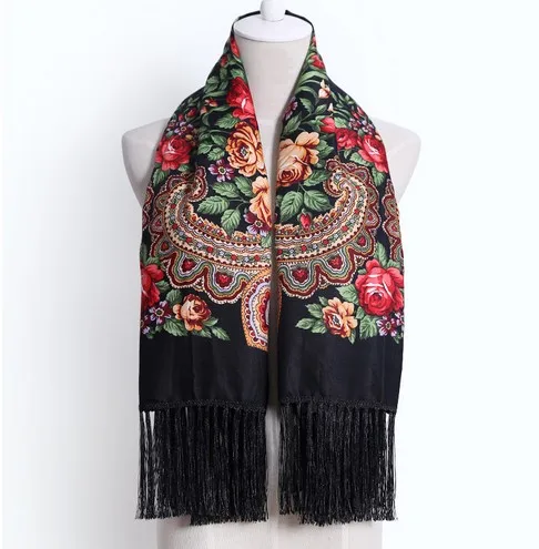 Роскошный бренд для женщин шарф с принтом русский этнический стиль хлопок цветочный узор кисточка зимний теплый квадратный шарф-одеяло - Цвет: black