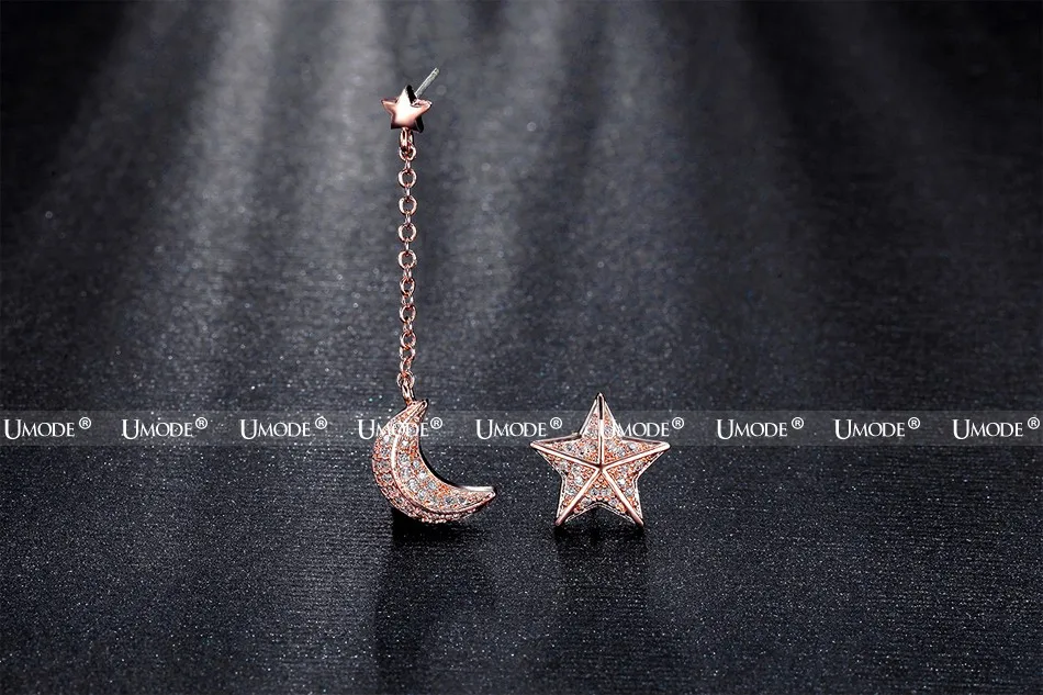 UMODE неодинаковые серьги в виде звезды и Луны с цепочкой, фианит, розовое золото, серьги-капли для женщин, Pendientes, высокое качество, UE0196