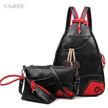 SAJOSE NEW Fashion Vintage Leaf Stitching Shoulder Bag Backpack three sets Multifunction Chest Women Leather Backpacks Designers