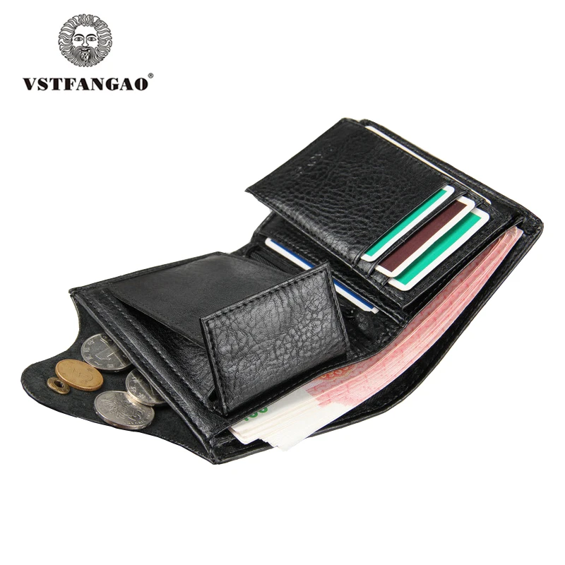 Men's Leather Wallet with Coin Pocket Black Brown Hasp Genuine Leather Wallets for Men Male