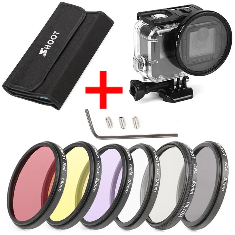 

6Pcs 58mm CPL UV ND2 Lens Filter Set with waterproof case and Adapter Ring Cap for action sport camera Hero 5/6/7