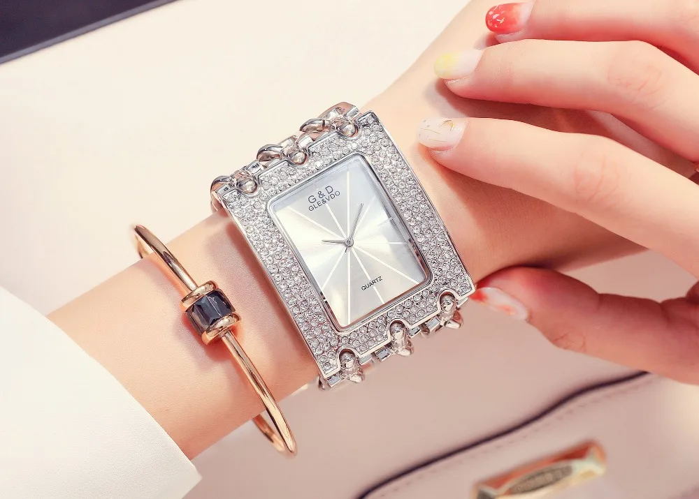 Новинка, Женские кварцевые наручные часы G& D, роскошные женские часы-браслет, часы relogio feminino, серебряные, прямоугольные, Relojes Mujer, подарки