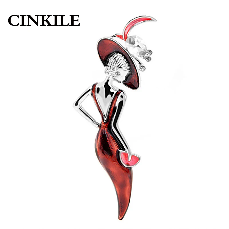 

CINKILE Red Blue Color Sexy Brooch Enamel Pins Lady Wear Big Hat Party Girl Fashion Jewelry Cute Brooches for Women New 2019