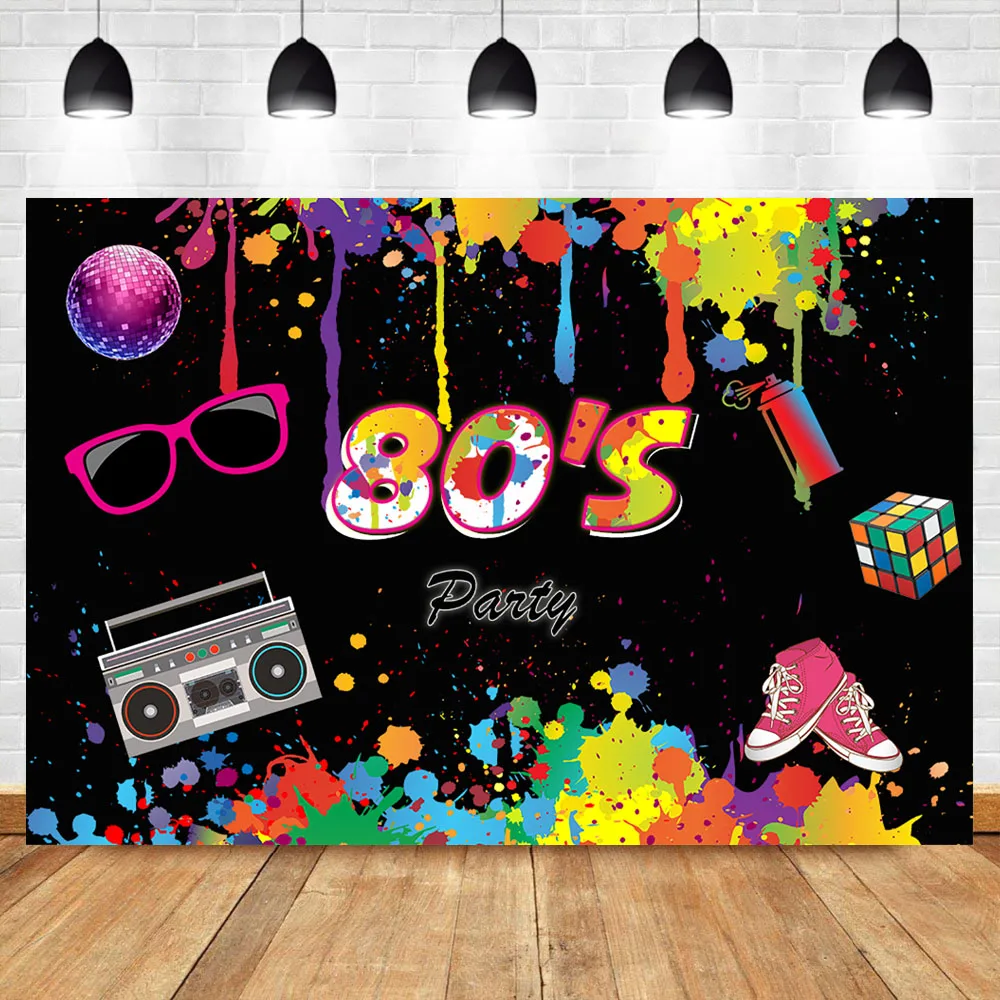 

NeoBack 80's Party Backdrop Neon Glow Background Vinyl Splatter Graffiti Wall Music 80th Hip Pop Themed Party Backdrops Banner