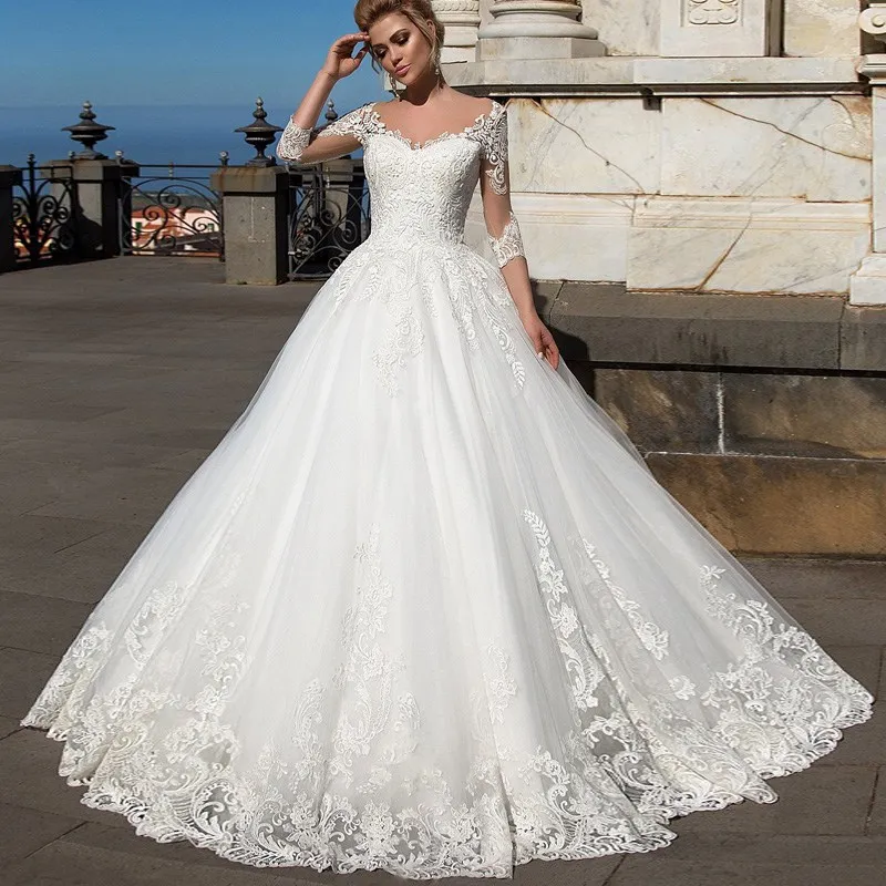 

Charming Three Quarter Sleeves Sweetheart Lace Applique Vintage Bridal Wedding Dress Princess Wedding Dresses Turkey Trouwjurk