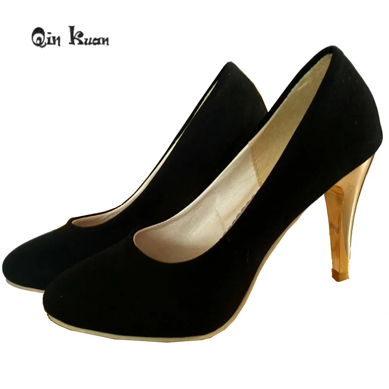 

Qin Kuan Ladies High Heels Stiletto Ladies Shoes European Large Size 34-47 Women High Heels Pumps Flock Thin Heels Shoes