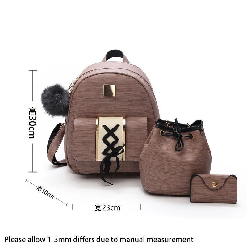 3Pcs/Set Women Backpack Set pu leather female fashion casual backpack+bucket bag+purse backpack bags for teenagers girls 48