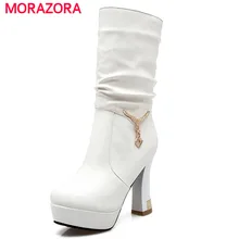 MORAZORA/ г. Новинка, большие размеры 34-46, ботинки до середины икры женские ботинки на толстой подошве, весенне-осенние ботинки однотонные ботинки на платформе