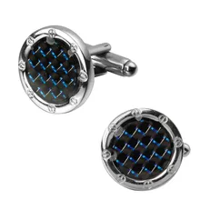 High quality fashion men’s shirts Cufflinks cufflink round blue carbon fiber brass wholesale and retail