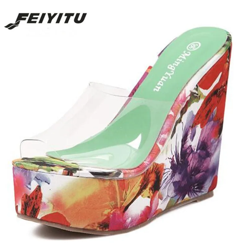 

FeiYiTu Summer Women Thick-soled high-heeled Slippers Transparent Crystal Shoes Waterproof Platform 13CM Wedge Open Toe Shoes