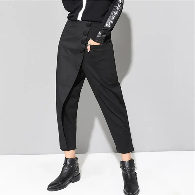 Весна-Осень, черные штаны-шаровары с эластичным поясом и пуговицами в стиле пэчворк, женские свободные повседневные брюки с карманами, одежда modis, уличная одежда
