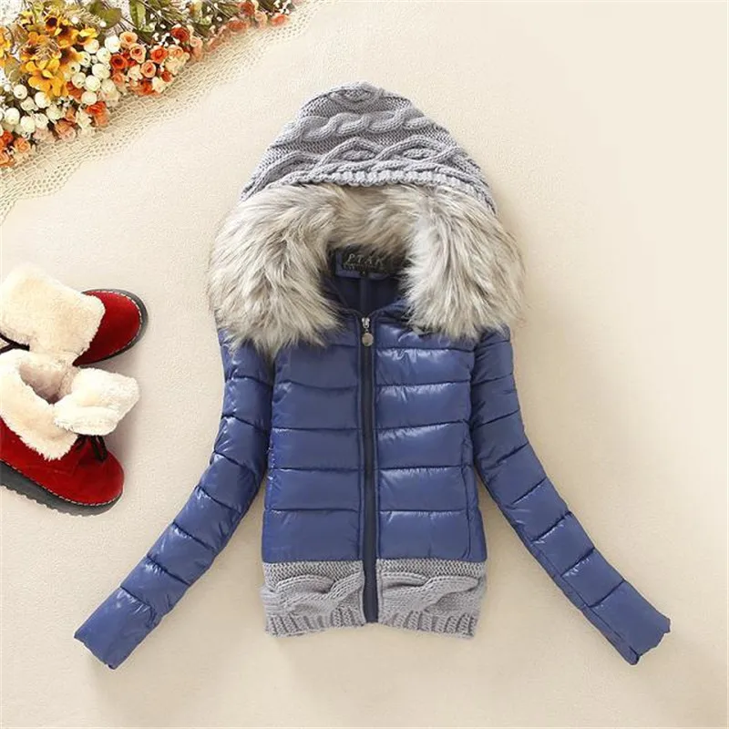 

Winter Jacket Women Faux Fur Hooded Down Coats Female Long Sleeve Zipper Thick Warm Knitting Snow Wear Slim Short Jacket Coat