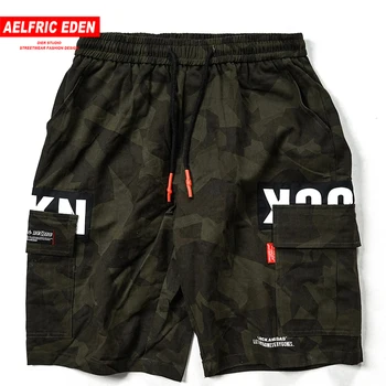 

Aelfric Eden Camouflage Cargo Shorts Men Multi Pockets Hip Hop Regular Sweatpants Drawstring Loose Letter Printed Streetwear