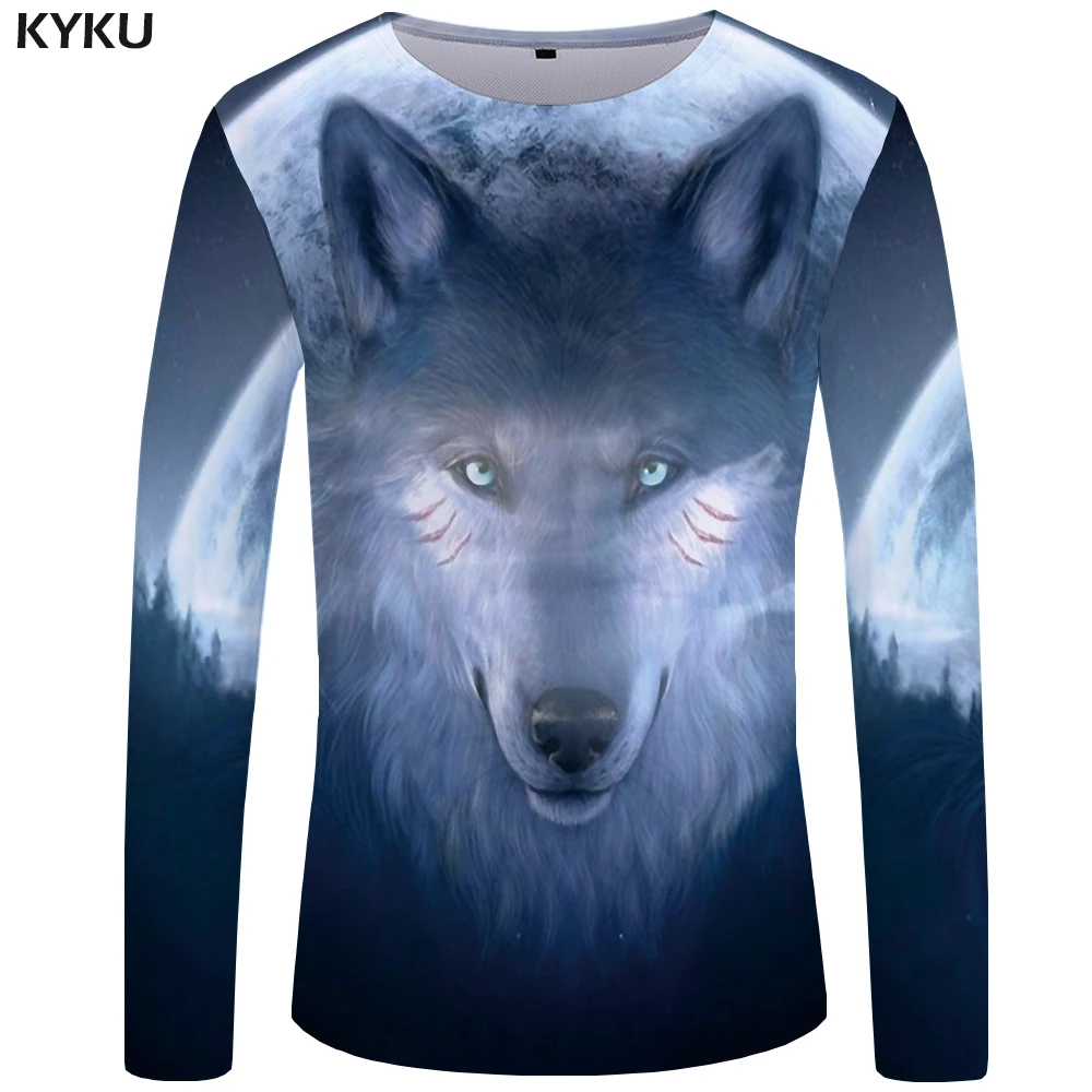 KYKU Wolf футболка мужская с длинным рукавом черная уличная Футболка с принтом глаз тренд крутые животные панк Рок мужская одежда с коротким рукавом