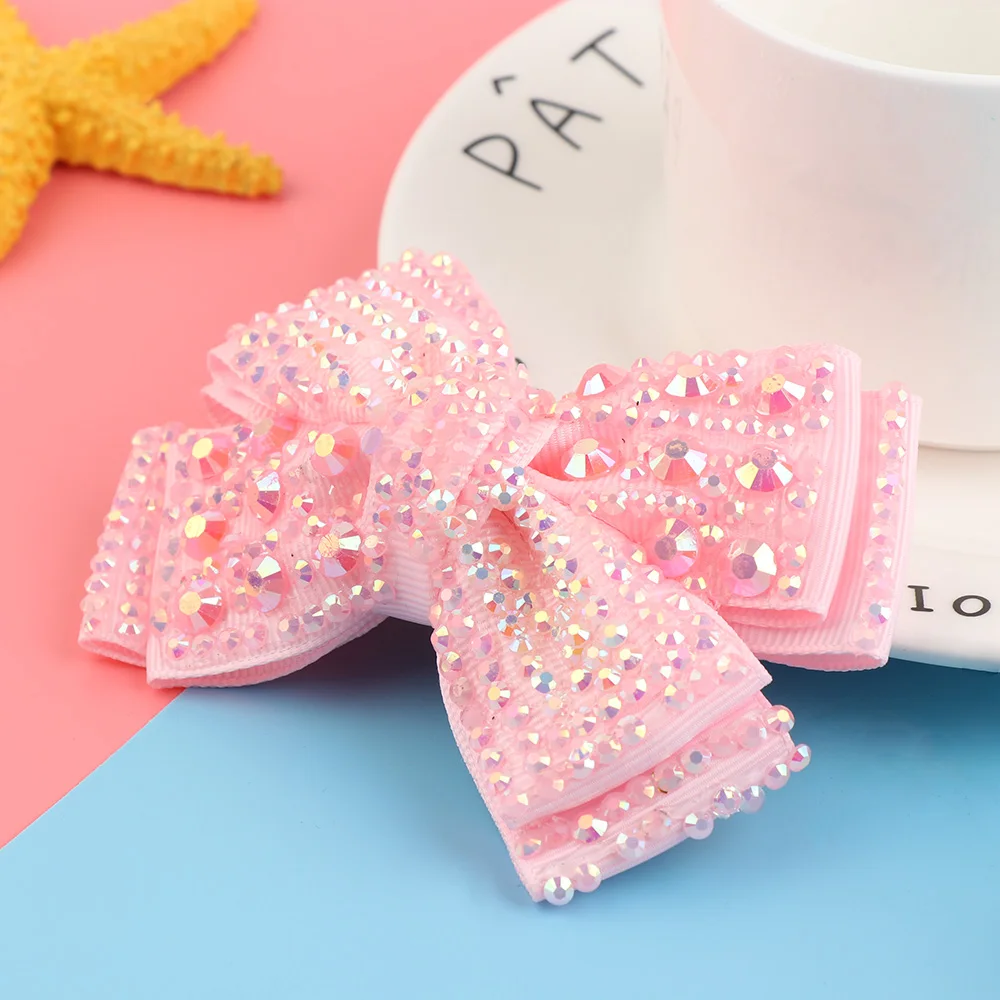4 inch Grosgrain Ribbon Hair Bow With Rhinestone Lovely Bling Bows Clips For Girls Accessories Party 2020 | Детская одежда и обувь
