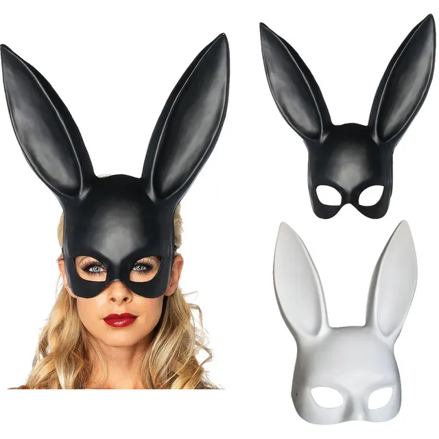 Women Girl Sexy Rabbit Ears Mask Cute Bunny Long Ears Mask Halloween Masquerade Party Cosplay Costume Props Black White plastic