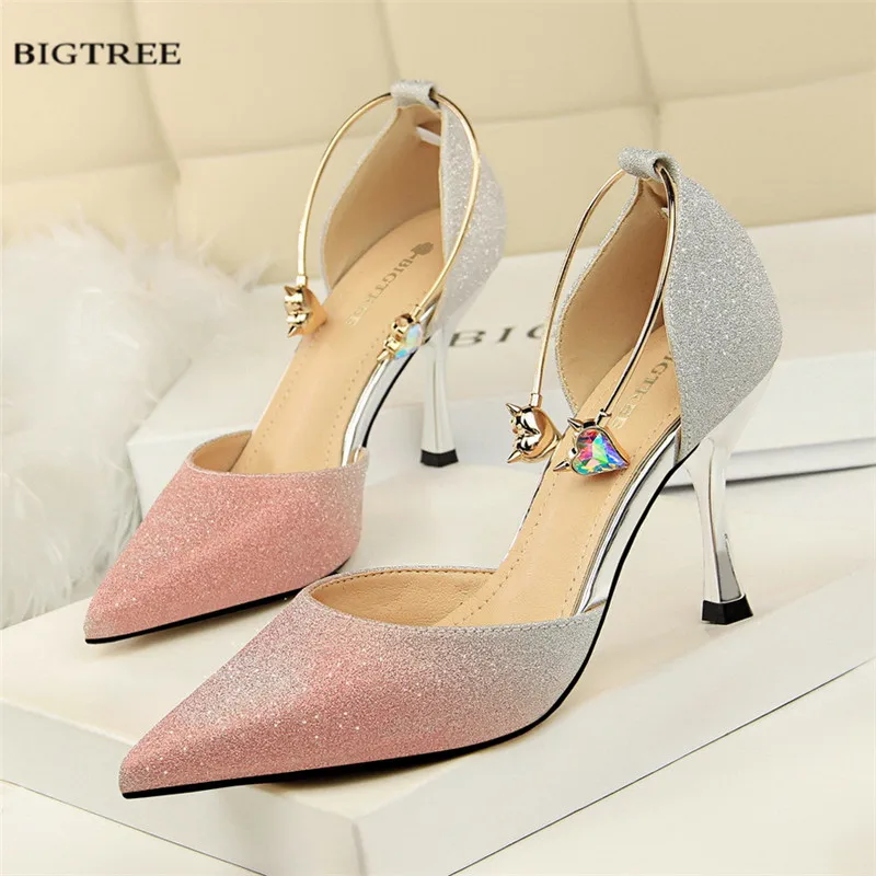 

Spring Elegant High Heels crystal shoes Pumps Crystal Heeled Thin Metal Heel Color Gradient Hollow Sandals Women's Shoes G313-6