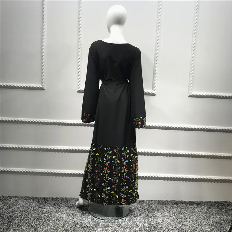 Black Women Islamic Clothing Abaya Flowers Embroidery Muslim Maxi Dress Sadoun.com