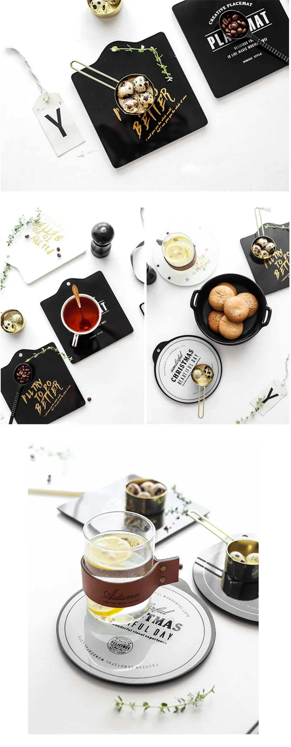 Luxury Gold Plating Letter Tempered Glass Drink Coaster Coffee Cup Mat Tea Pad Star Point Pattern Round Square Dining Placemats (5)