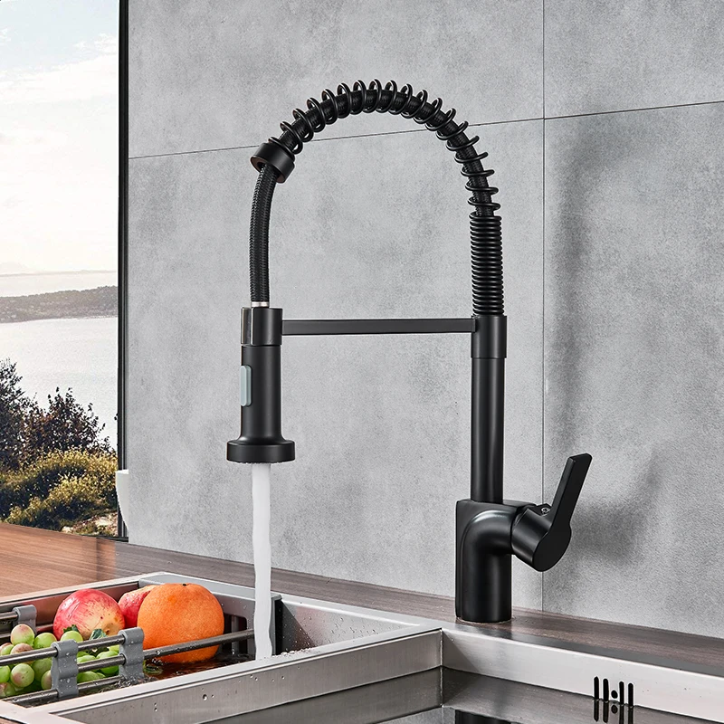  Quyanre Matte Black Nickel Pull Out Spring Kitchen Faucet Single Handle Mixer Tap 360 Rotation Hot  - 32950369668