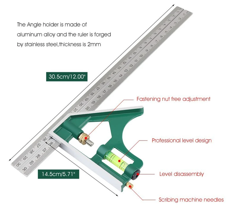 MOKIN 1" угловая линейка, комбинированная квадратная линейка, 45/90 градусов, с пузырьковым уровнем для машинного образования, измерительные инструменты