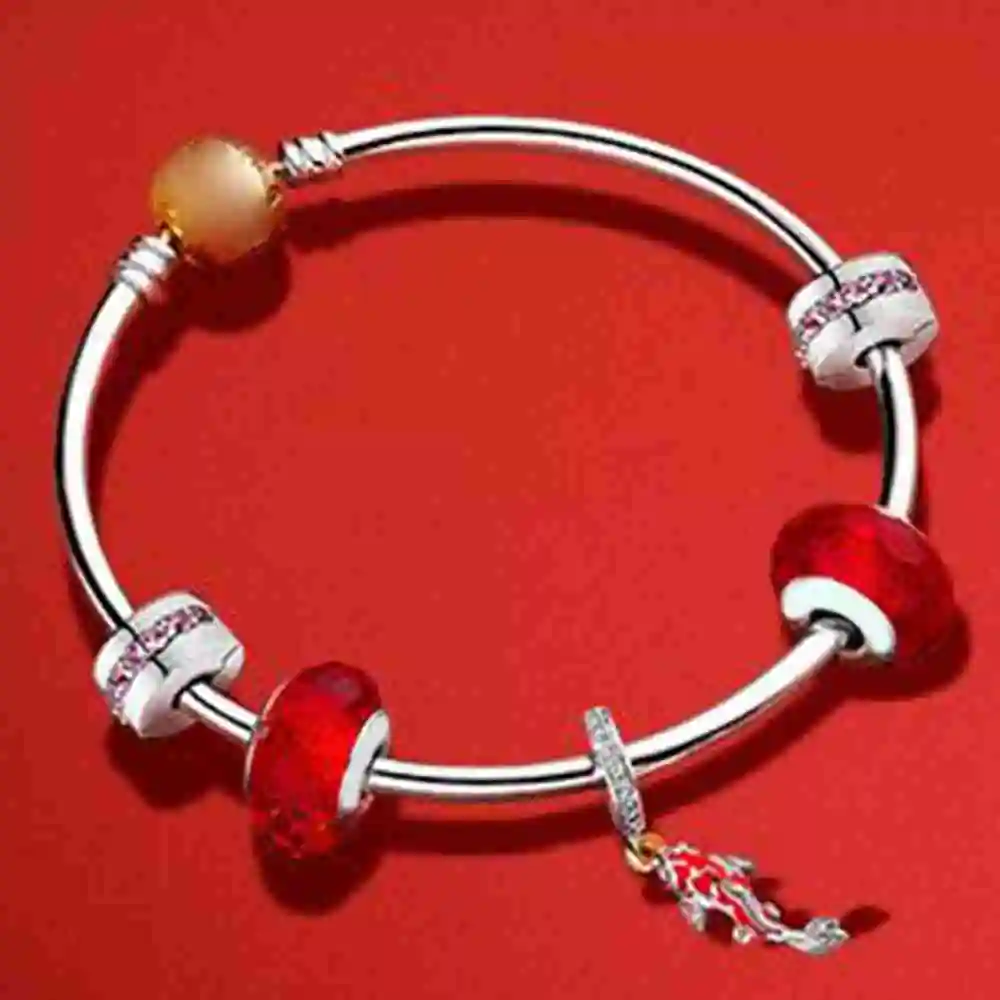 

SIEMTO 100% 925 Sterling Silver 797829CZ GOOD FORTUNE CARP HANGING CHARM Bangle Set Send Your Girlfriend A Happy New Year Gift