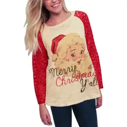 Рождественские футболки Для женщин осень Повседневное красная печать Санта Клаус хлопка с длинным рукавом o-образным вырезом женские топ