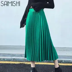 Saimishi демисезонный Модные женские Высокая талия однотонная плиссированная Половина Длина эластичная юбка акции леди черный, розовый серый