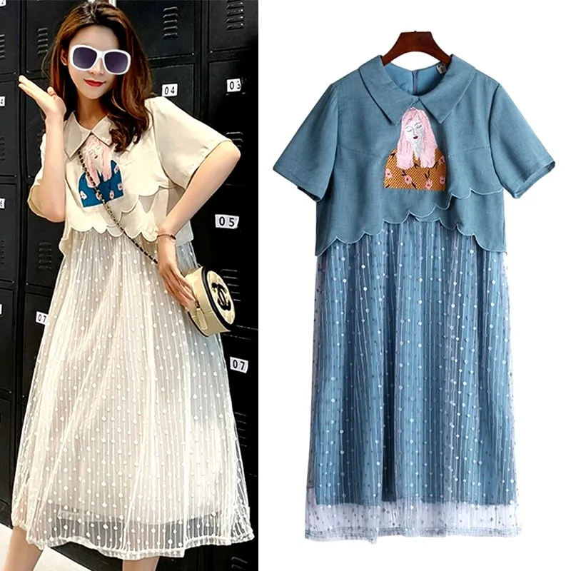 

Plus Size Summer Woman Fashion Unique Ladies Embroidery Short Sleeve Ruffles Casual Maxi Dresses Spliced Patchwork Dress NS28