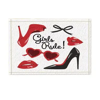 

Fashion Woman Makeup Decor, Vector High Heeled Shoes with Red Lips Bath Rugs, Non-Slip Funny Indoor Outdoor Doormat