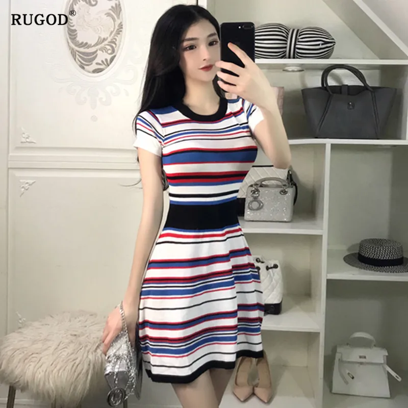 RUGOD 2019 летнее платье цвет бар цвет подходящего платья для женщин Высокая талия тонкий o-образный вырез Корейская версия платье