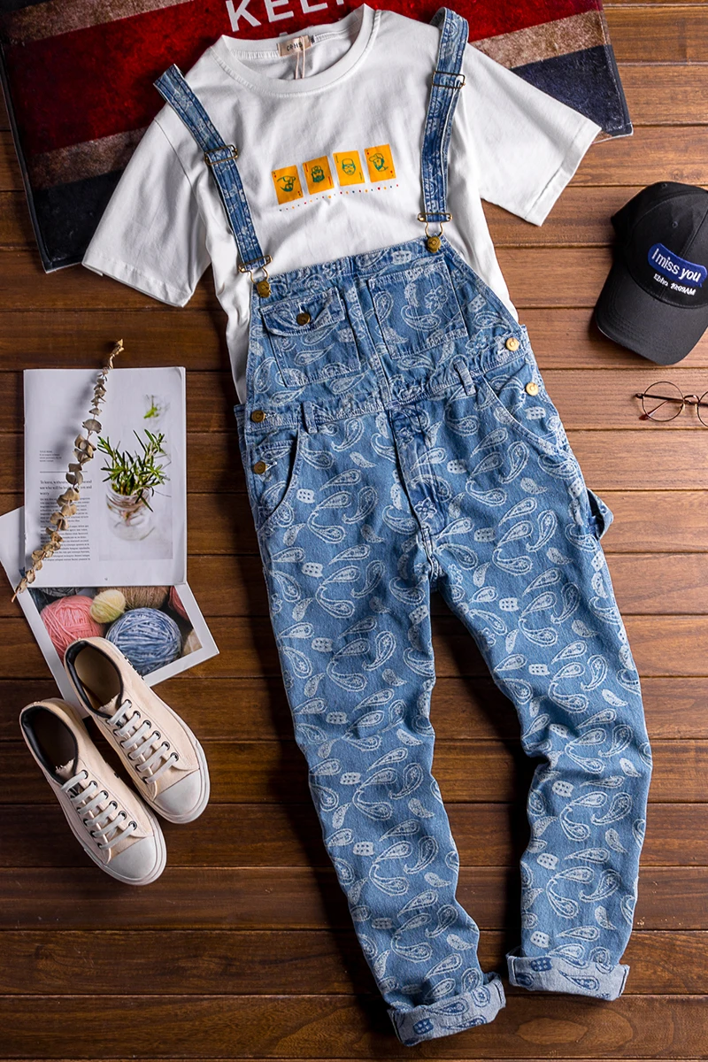 Sokotoo для мужчин бандана Пейсли вышивка синие джинсы комбинезон хип хоп джинсы для женщин Цветочный лямки с печатным рисунком комбинезоны