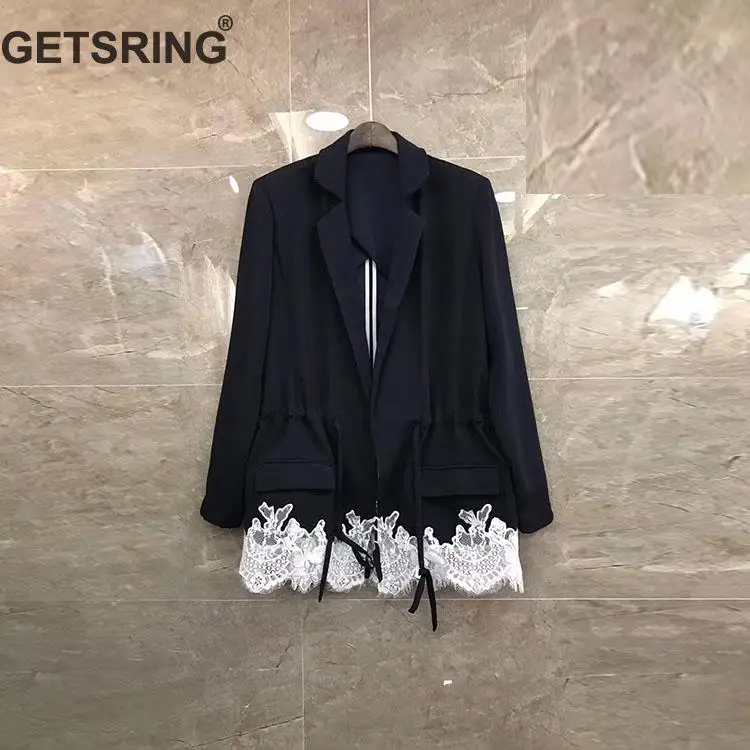 

GETSRING Women Blazers Lace Spliced Suit Blazer Drawstring Long Sleeve Slim High Waist Suit Coat 2018 Autumn Womens Casual Wear