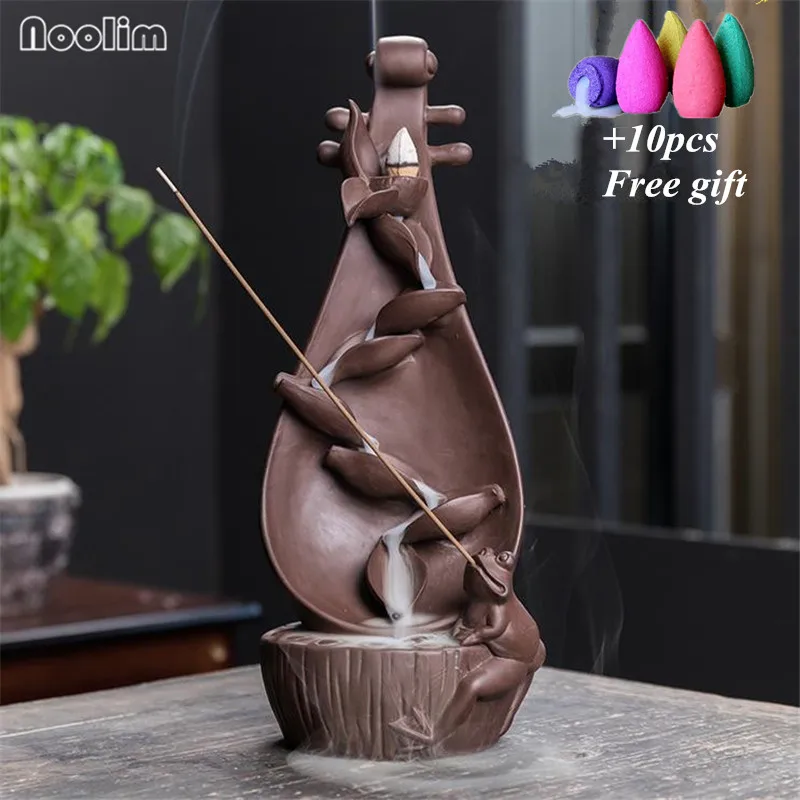 

Chinese Ancient Zither Backflow Incense Burner Lotus Waterfall Censer Tabletop Decor Frog Incense Stick Holder+10pcs Free Cones