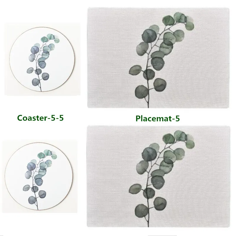 Коврик для стола с зеленым растением, 2 шт. мягкие ПВХ салфетки и 2 шт. деревянные подставки, Нескользящие подставки для кофе, чая, напитков, фирменный коврик, 1 комплект
