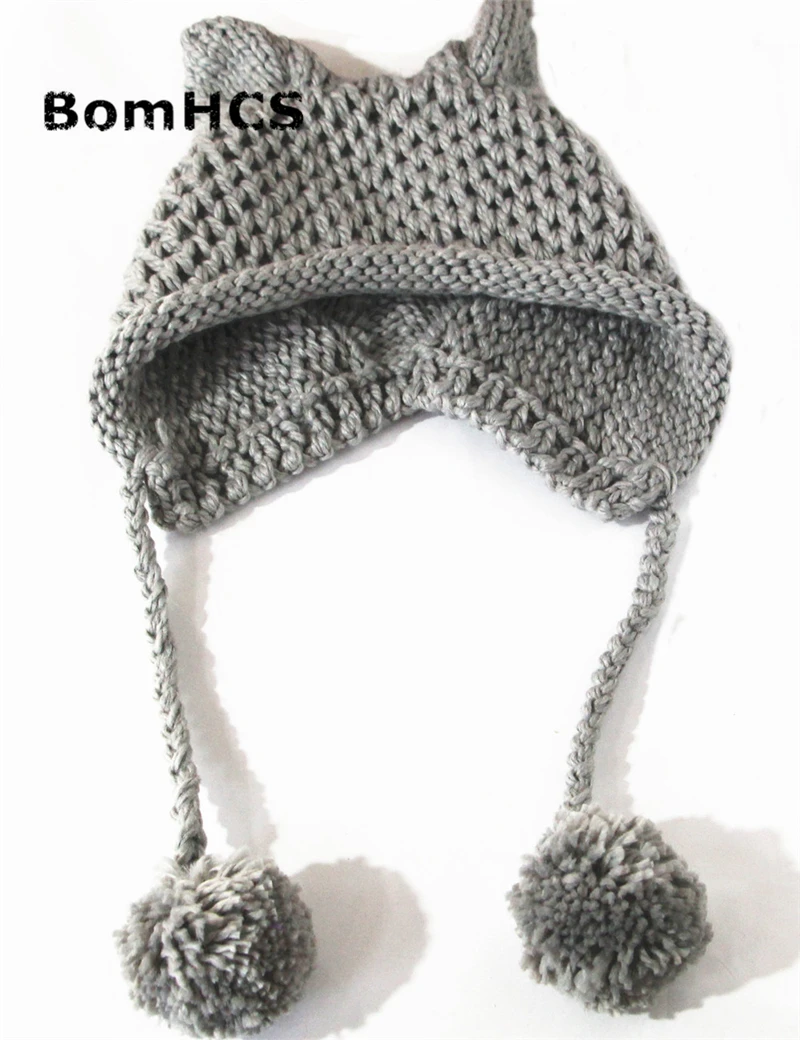 BomHCS вязаная плетеная шапочка с кошачьими ушками для женщин, ручная работа, вязаная крючком теплая вязаная шапка, зимняя шапка - Цвет: Светло-серый