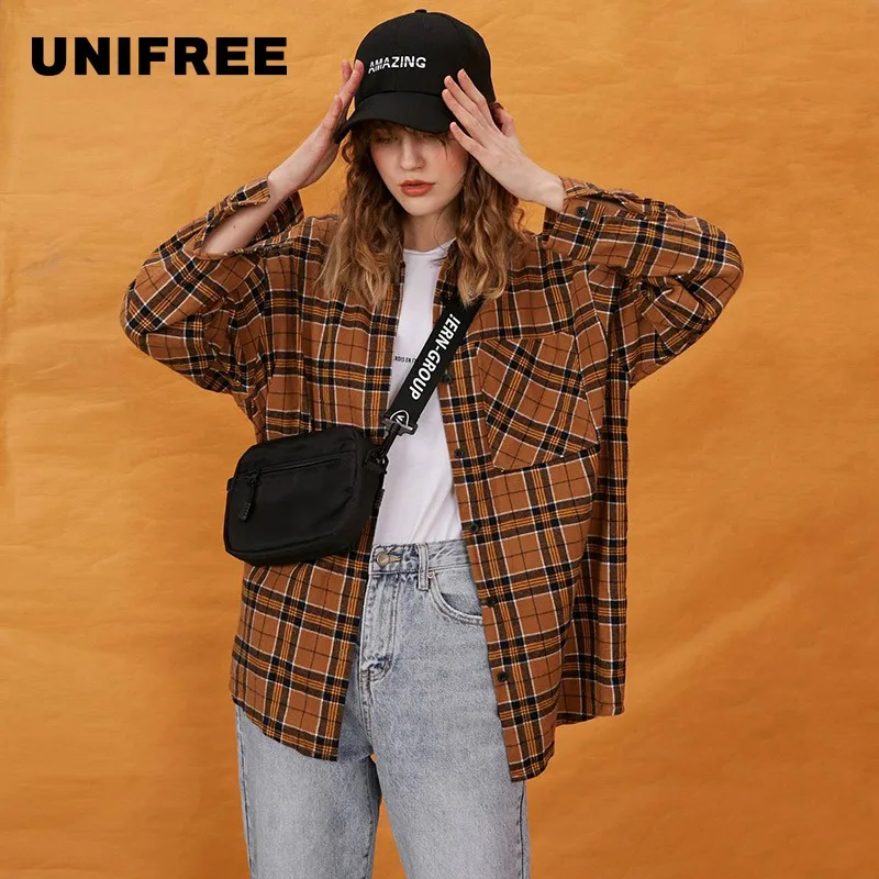 

UNIFREE 2019 spring new arrival shirt women brown tops European style plaid lapel fashion loose ladies blouses tops UBV191D062
