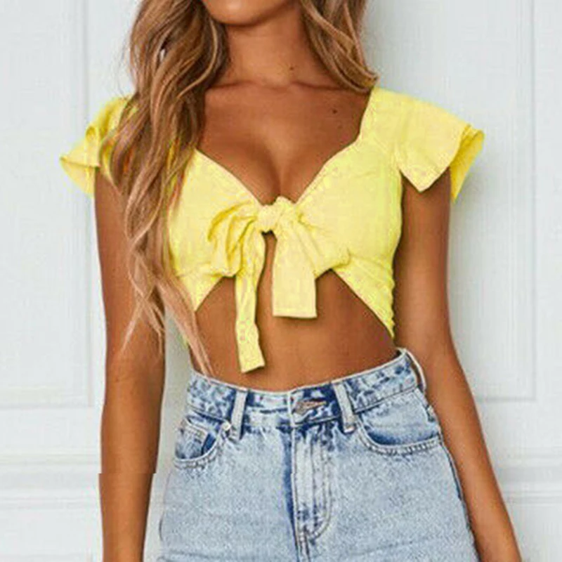 Hot Sale Summer Womens Short Sleeve Solid Shirt Front Knot Tie Ladies Casual Holiday Street V Neck Top S-2XL Four Color 2019