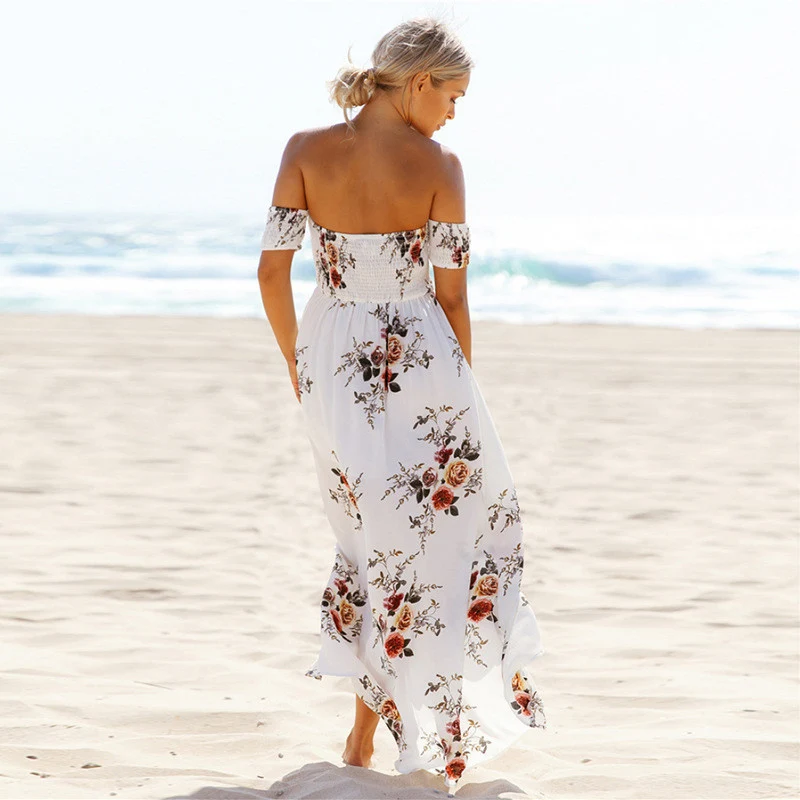 Бохо стиль длинное платье для женщин с открытыми плечами пляжные летние платья цветочный принт Винтаж шифон белое Макси Платье vestidos de festa