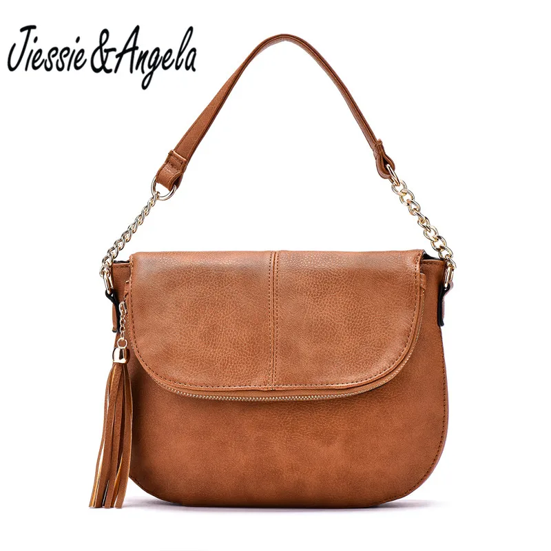 Jiessie&Angela New Famous Brand Women Bag Leather Fashion Lady's Tote Bag Tassel Handbag For Girls Vintage Shoulder Purse - Цвет: brown