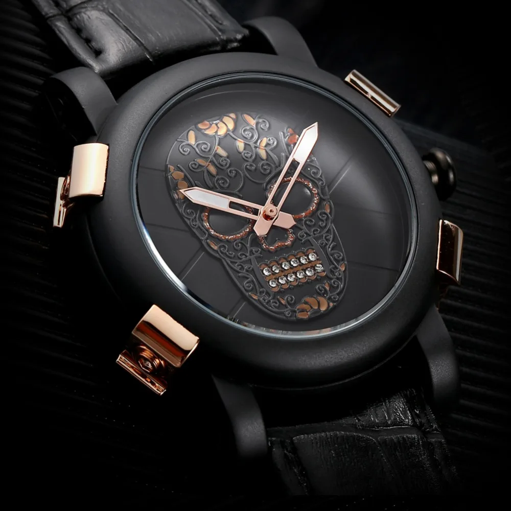 

hot 2018 SKONE Luxury 3D Skull Watch Men's Genuine Leather Black Quartz men Watches Matte Dial Sports Watch Relogio Masculino